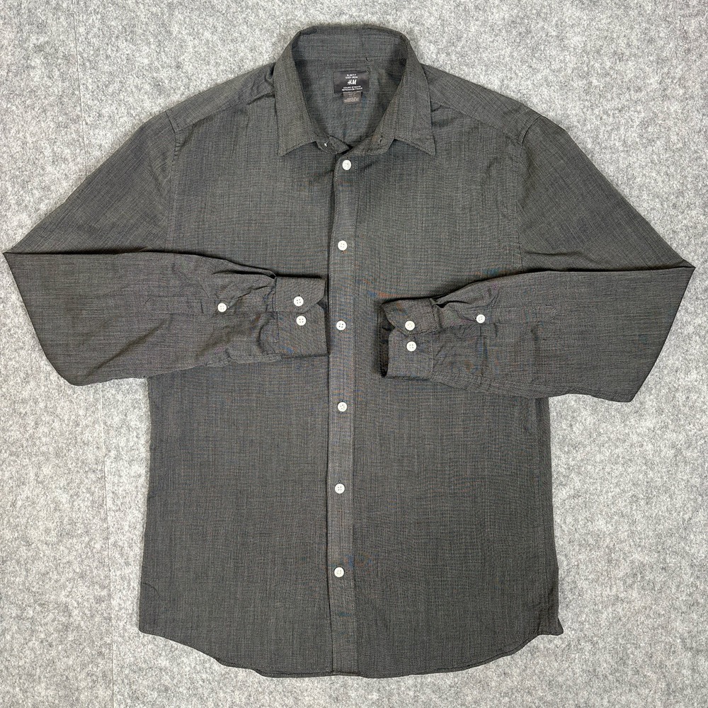 H&M Slim Fit Easy Iron Button-Up Shirt Men's Sz M Long Sleeve Solid Gray